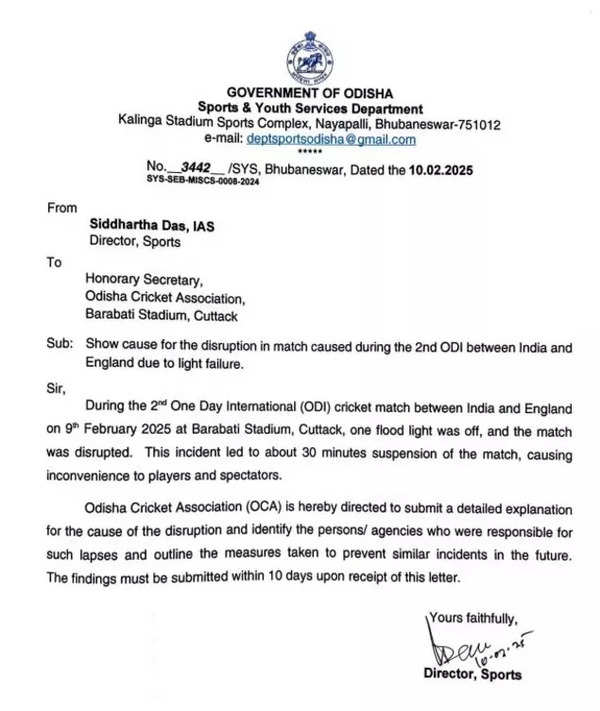 Odisha government has asked the Odisha Cricket Association for an explanation about the floodlight failure during the India-England ODI match at Barabati Stadium.