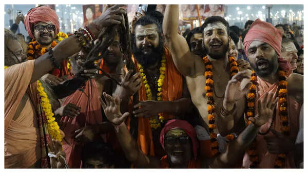 Nikhil Sharma with his guru bhais at the Maha Kumbh