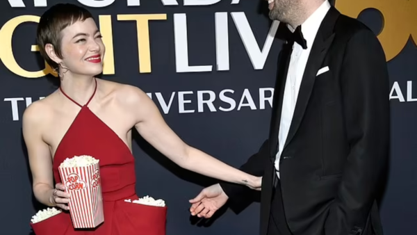 Emma Stone in red LV dress