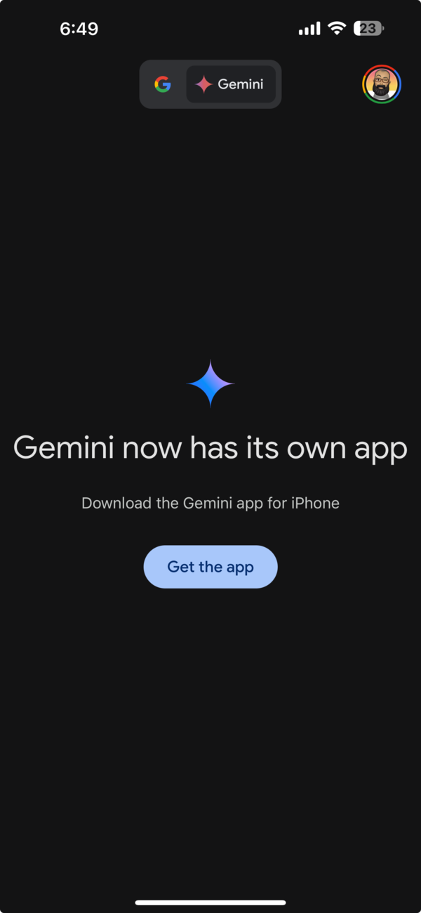 Screenshot showing Google asking iPhone users to download the standalone Gemini app