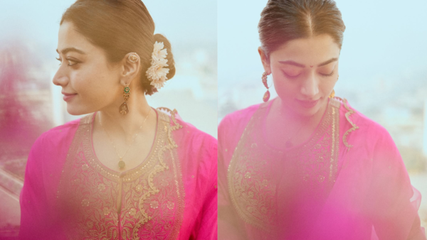 Rashmika Mandanna dons a fuschia-dipped silk kurta set