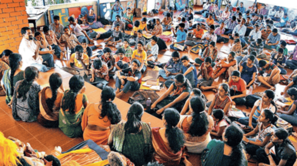 PUTTING THE 'COOL' IN SCHOOL: Educator Gopadkar conducts a session at Swaroopa Adhyayana Kendra in Mangaluru; (left) children at the institution learn through creative, hands-on schooling
