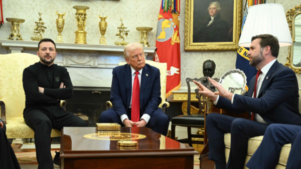 Vice President JD Vance speaks with Ukrainian President Volodymyr Zelenskyy as President Donald Trump listens in the Oval Office at the White House.