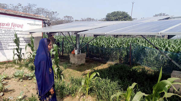 <p>Indu Devi looks at her solar pump (PTI Photo)<br></p> Indu Devi looks at her solar pump