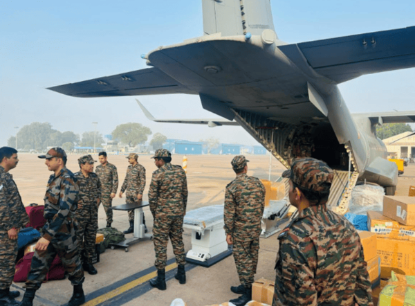 RR men load medical equipment in Airbus C-295, which airlifted from Palam airport for Bagdogra.