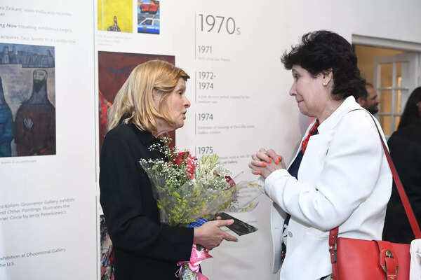 Artist Keren Souzakohn (L), daughter of Souza at F.N. Souza A Continuum