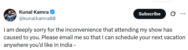 <p>Screenshot of Kunal Kamra's tweet<br></p> Screenshot of Kunal Kamra's tweet