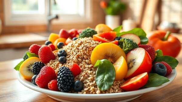 I prepared a colorful plate of whole grains, fruits and vegetables. This meal is filled with fibers for a healthy intestine. Vibrant plate