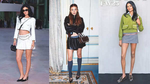 Kylie Jenner at the Paris Fashion Week Spring/Summer 2025 show wearing Chanel mini skirt (right)/ ) Sydney Sweeney in Miu Miu skirt (centre)/ Simone Ashley in a mini skirt and cropped jacket at Prada’s show, at Milan Fashion Week (right)