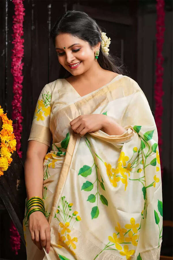 Designers are using traditional elements, even incorporating hand painted kanikonna into Tussar silk saris Credit :Byhand.in