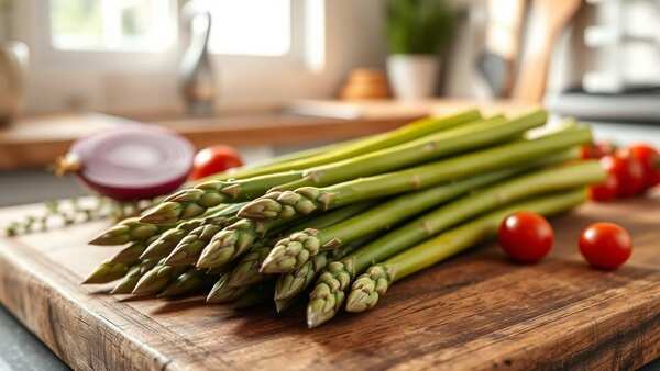 Fresh Asparagus on Rustic Board