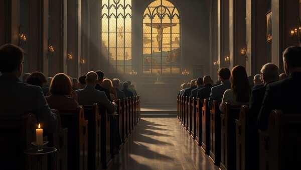 Soft light filters through the stained glass, illuminating bowed heads in prayerful contemplation within the church's quiet vastness. Good Friday's Somber Reflection