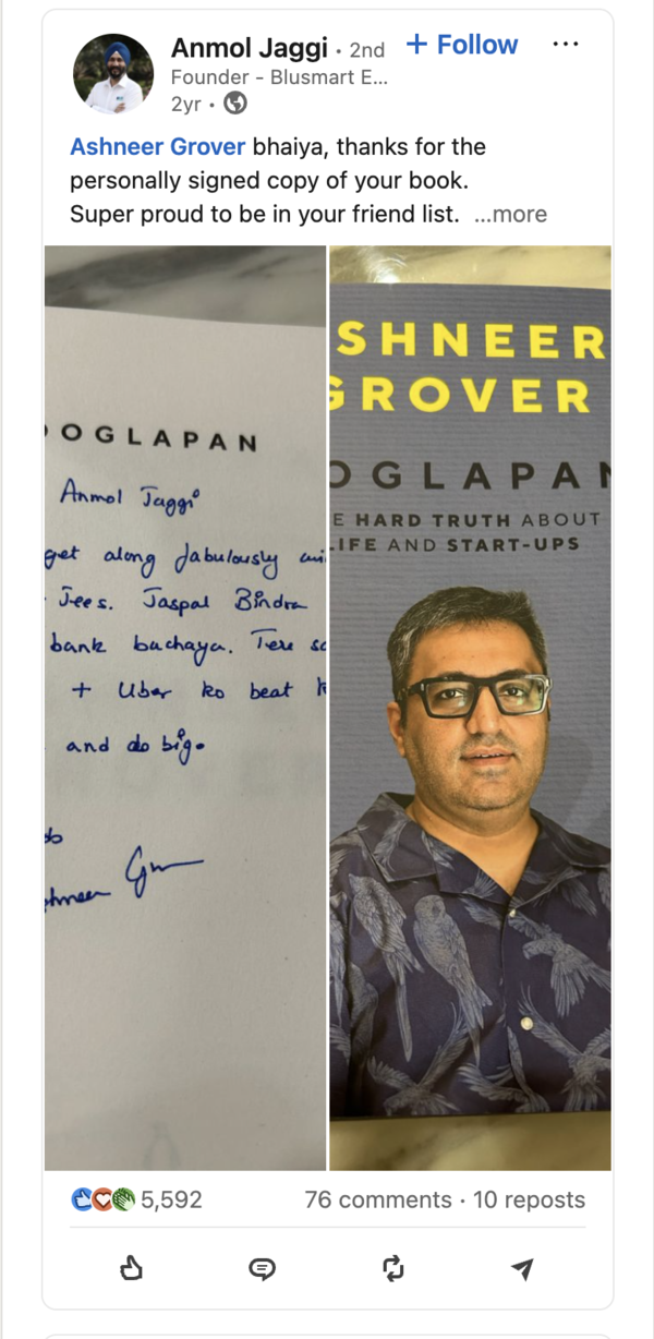 Anmol Jaggi's LinkedIn post about Ashneer Grover's note
