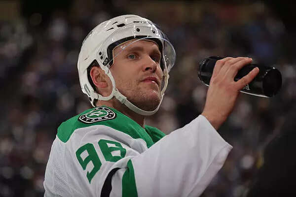 Mikko Rantanen #96 of the Dallas Stars drinks water
