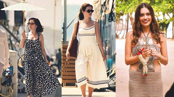 Parker Posey as Victoria (left) in a navy blue floral dress/Sarah Catherine Hook as Piper (centre) in a cream corset-style sundress/Aimee Lou Wood as Chelsea (right) in a crochet dress Parker Posey as Victoria (left) in a navy blue floral dress/Sarah Catherine Hook as Piper (centre) in a cream corset-style sundress/Aimee Lou Wood as Chelsea (right) in a crochet dress