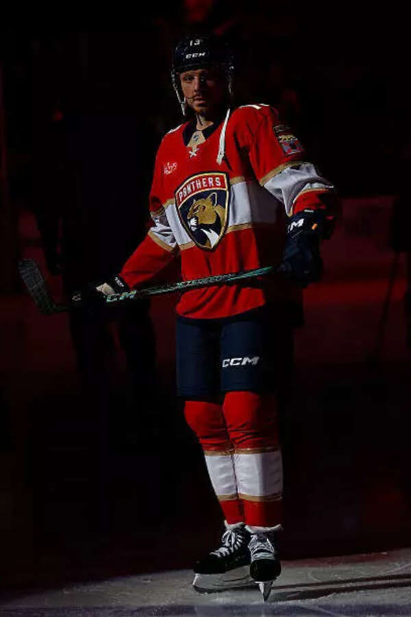 Sam Reinhart #13 of the Florida Panthers on the ice for introductions prior to their game