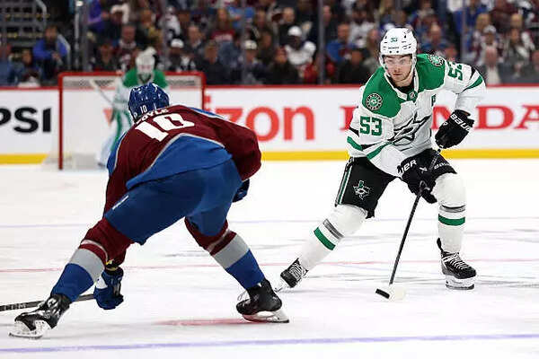 Dallas Stars skates past the Colorado Avalanche during the first period in Game Four of the First Round of the 2025 Stanley Cup Playoffs