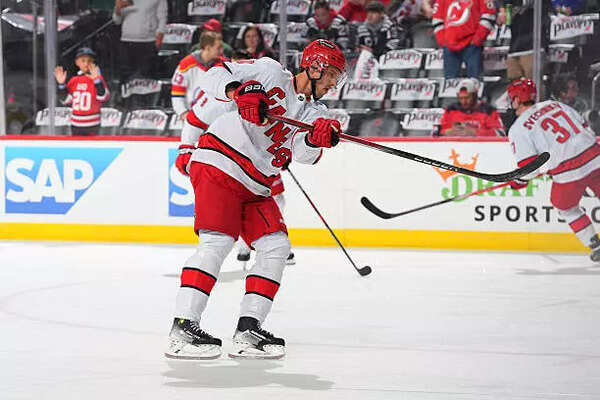Sebastian Aho #20 of the Carolina Hurricanes skates during warm up prior to Game Four
