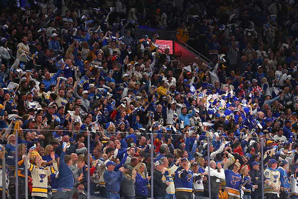 St. Louis Blues fans celebrate a goal against the Winnipeg Jets during the second period in Game Six (Credit: Getty Image) St. Louis Blues fans celebrate a goal against the Winnipeg Jets during the second period in Game Six