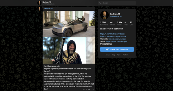 Telegram post by Checjen leader Ramzan Kadyrov accusing Tesla