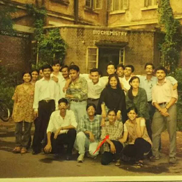 MSc Biochemistry 1997 batch group photo. Col. Sofiya Qureshi is marked with an arrow. -