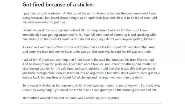 Employee fired after he put up "stop crying" sticker in office washroom– But why!