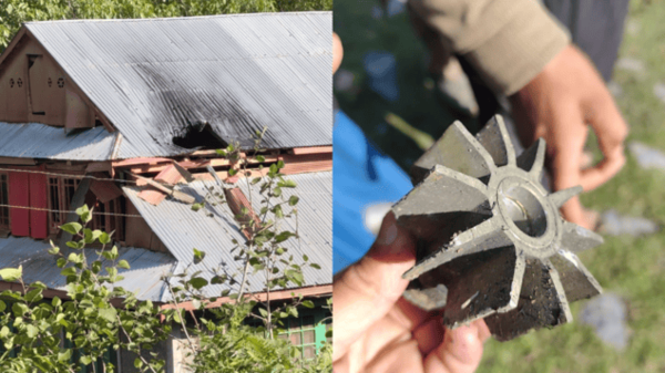Houses damaged by shells at Tangdhar in Kupwara district (left), Fragmeny of a shell (right)
