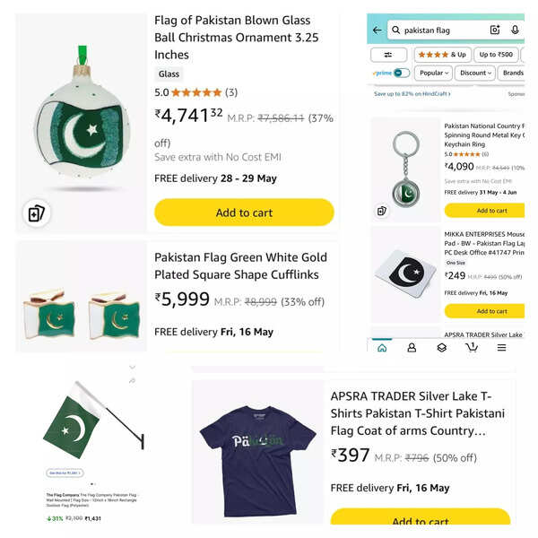 A screenshot of different products with Pakistani flag selling on Amazon and Flipkart
