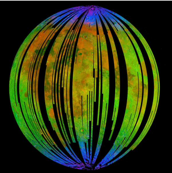 The blue areas in this composite image from the Moon Mineralogy Mapper (M3) aboard the Indian Space Research Organization’s Chandrayaan-1 orbiter show water concentrated at the Moon’s poles. Homing in on the spectra of rocks there, researcher found signs of hematite, a form of rust. Credits: ISRO/NASA