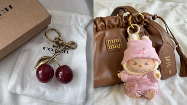(Image Credits: Pinterest) Coach cherry bag charm and Labubu doll bag charm