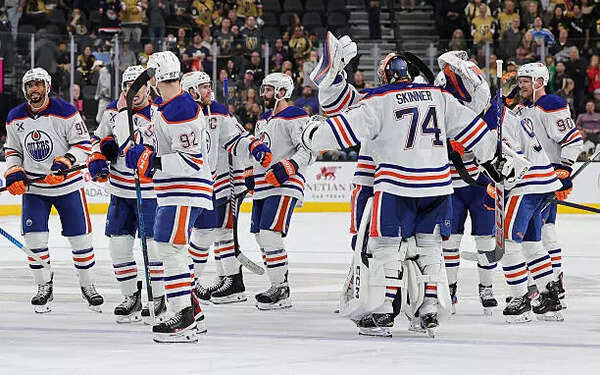 Edmonton Oilers celebrate with teammates after defeating the Vegas Golden Knights