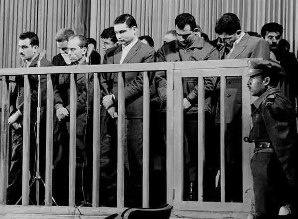 Eli Cohen, the head of an Israeli detective ring, is left away, as he sentenced to death in a special military court in Damascus on 8 May 1965. (AP)