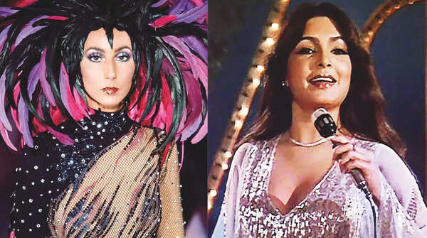 American singer-actress Cher stuns in glittery disco lips in 1980 (left)/ Parveen Babi in high-gloss plum red lipstick in the song Pyaar Karne Wale from Shaan released in 1980 (right)