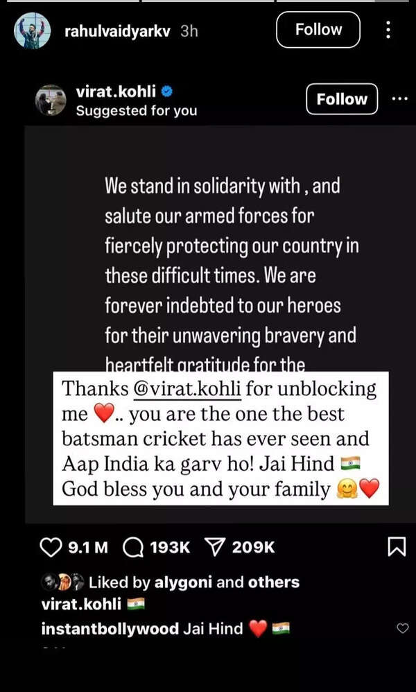 Rahul Vaidya's post for Virat Kohli