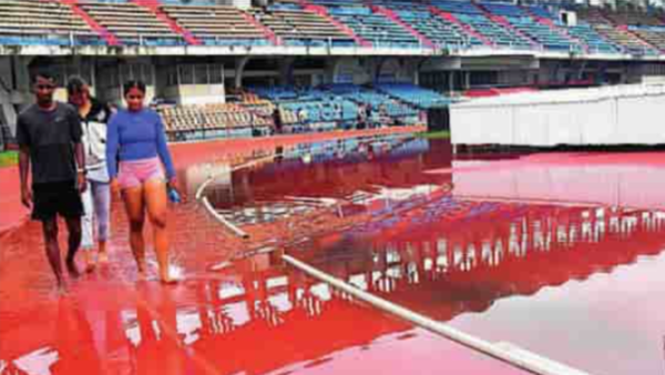WATER HURDLE: Kanteerava Outdoor Stadium was flooded too