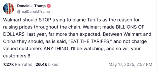 eplies to Walmart CEO's concerns about tarrifs on Truth SocialUS President Donald Trump r