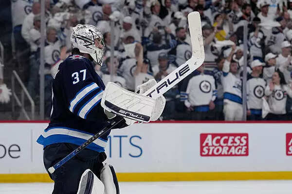 ​Connor Hellebuyck #37 of the Winnipeg Jets