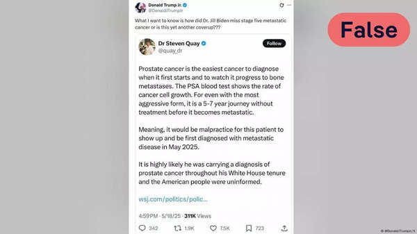 X Post by Donald Trump Jr. claiming that Biden has "stage five" metastatic cancer