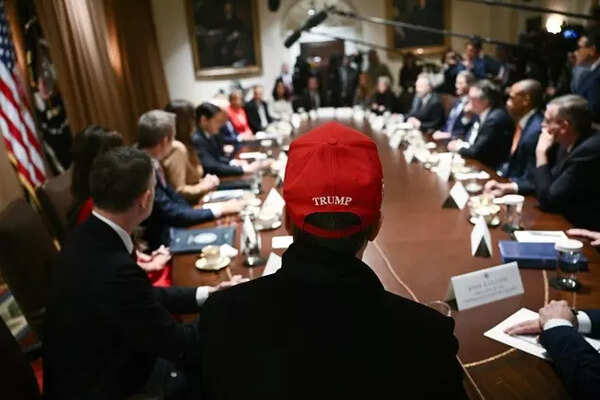 Elon Musk, wearing a red hat, looks on as US President Donald Trump hosts a cabinet meeting musk