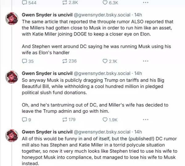 A Bluesky thread went viral for claiming that Stephen Miller, his wife and Elon Musk were a throuple. A Bluesky thread went viral for claiming that Stephen Miller, his wife and Elon Musk were a throuple.