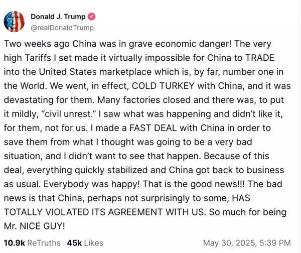 Donald Trump Truth Social Post on China Donald Trump Truth Social Post on China