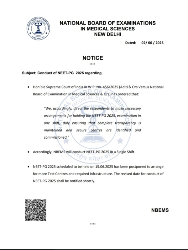 NBEMS issues notice regarding postponement of NEET PG 2025 NEET PG 2025 postponed