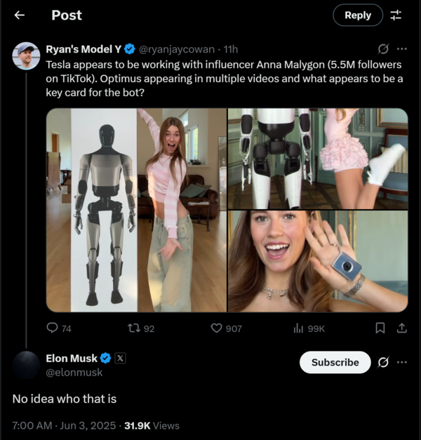 Tesla CEO Elon Musk's post on X