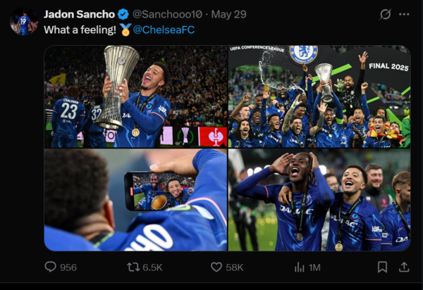 Jadon Sancho's tweet after winning the Conference League