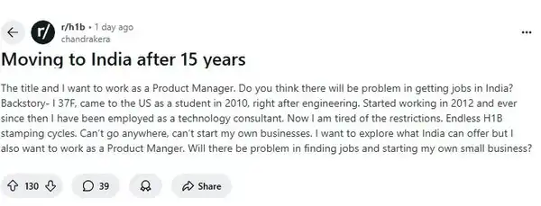 A Reddit user expressed his desire to return to India after spending 15 years in the US. A Reddit user expressed his desire to return to India after spending 15 years in the US.