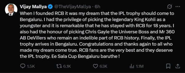 Vijay Mallya's tweet after RCB won the IPL on Tuesday (Image via X/@TheVijayMallya) Vijay Mallya