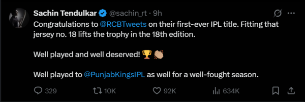 Sachin Tendulkar's tweet has gone viral while congratulating RCB and Virat Kohli (image through X/@Sachin_RT) Sachin Tendulkar