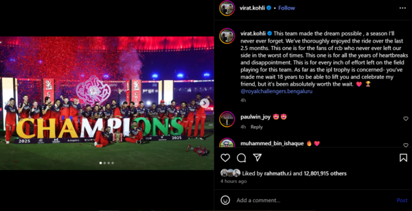 Virat Kohli's viral Instagram post has more than 13 million likes Virat Kohli's Instagram post
