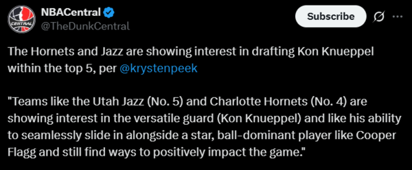 NBA Central tweet on how Utah Jazz and Charlotte Hornets are aiming for Kon Kneuppel for the draft (Image Source: NBA Central via X) nba-central-tweet