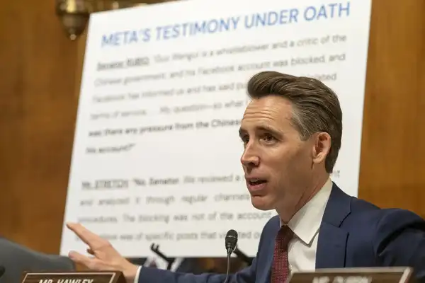 Sen Josh Hall, R-Mo., in Washington on Wednesday, April 9, 2025, speaks during the hearing of the Senate Judicial Sub-Committee on Capital Hill on Capital Hill and Terrorism. (AP Photo/Mark Sheffelbin) Meta safety hearing